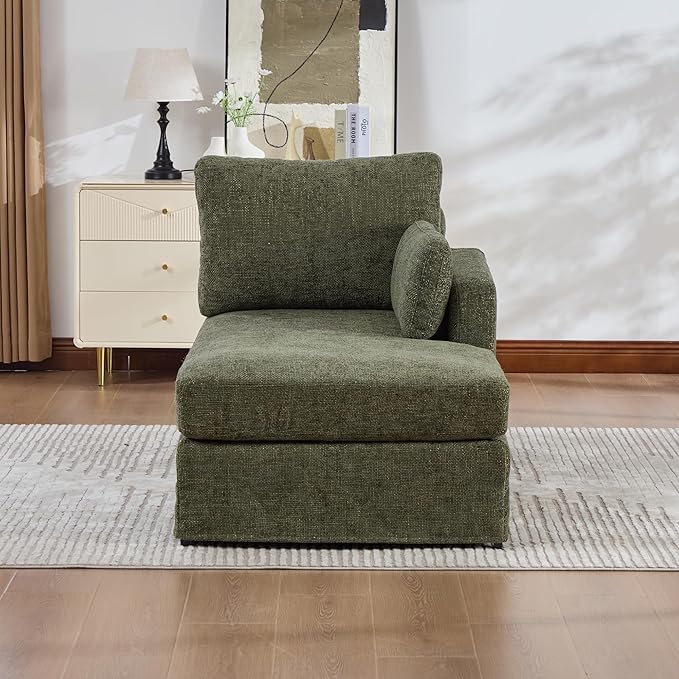 KEIKI 60 Chaise Lounge Chair Indoor Modern Deep Seat Sofa Bed Corduroy Couch with Cushions Single Sleeper Chair for Living Room Bedroom Apartments Green (Right Side)