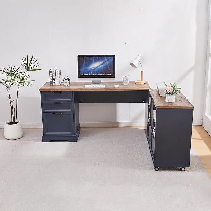 60L-Shaped Executive Desk with 40Adjustable File CabinetFarmhouse Home Office Desk with Charging StationOffice Desk with Storage DrawersWood Computer Desk Set for Office WorkHome Study (Blue)