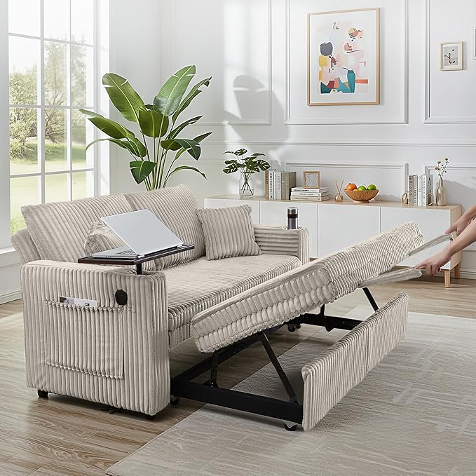 65in Sleeper Sofa Bed Convertible Pull Out Couch with Small Table| USB Port | Cup Holder | Corduroy Fabric | Adjustable Backrest for Apartment Office Bedroom Guest Room (LightGrey)