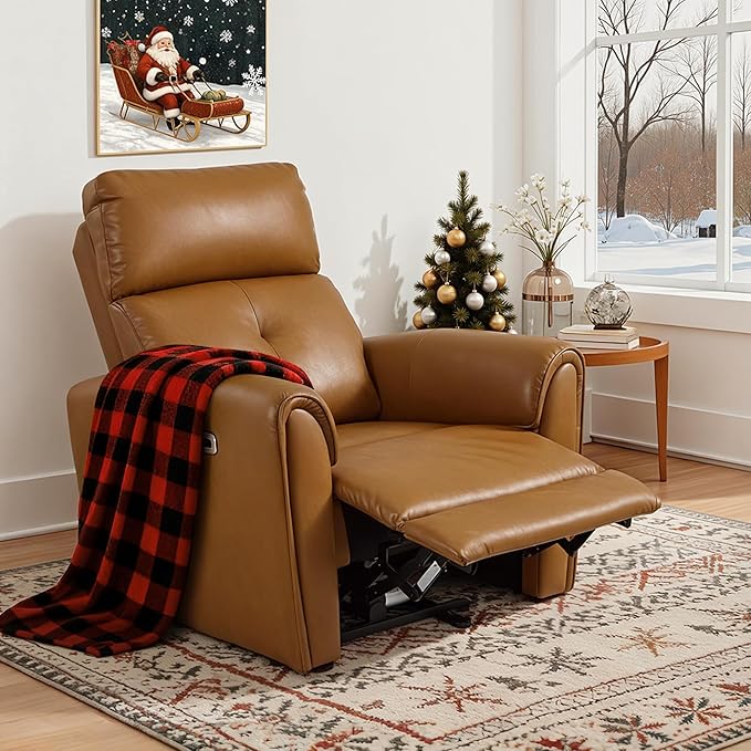 MCombo Power Small Recliners for Small Spaces Living Room RVs Modern Style Zero Wall Hugger Recliners Chair with Lumbar Support USB&ampCharging Ports FSC Certified Faux Leather PR699 (Cognac Br