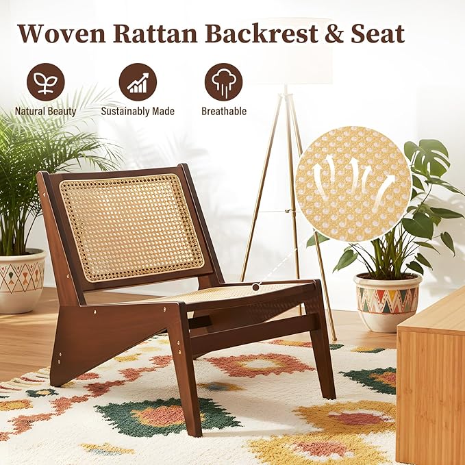 Mid-Century Accent Chair Rattan Lounge Chair for Living Room Boho Side Corner Comfy Chair for Bedroom and Balcony Walnut