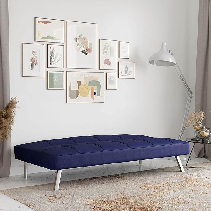 Serta® Rane 66.1 Convertible Futon Sofa Short Twin Size Modern Transitional Tufted Back and Seat Cushion Dream Coil® Comfort Fingerguard® Pinch Point Protection Woven Fabric Navy Blue