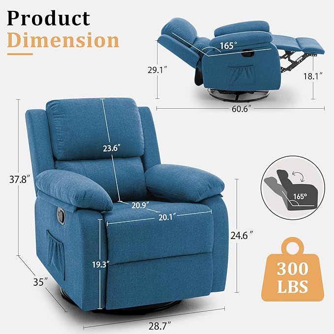 Recliner Chair 360 Swivel Rocker Chair for Adults Small Rocking Recliner for Small Spaces Upholstered Fabric Glider Recliner Nursery