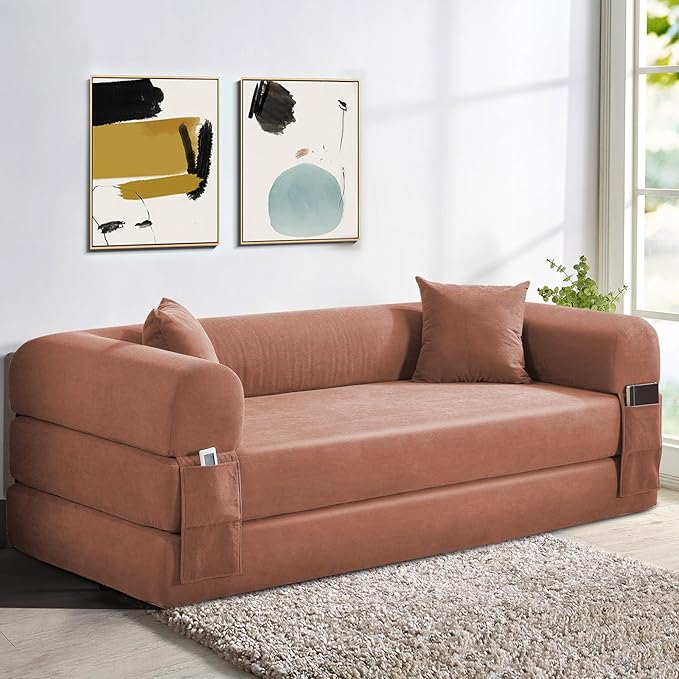 KBQ 3-Seat Convertible Sleeper Sofa Bed with 2 Pillows Corduroy Folding Mattress Couch Floor Sofa Lounge Couch for Living Room Bedroom Lounge Studio Pink