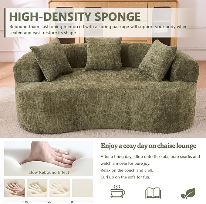 67” Green Curved Loveseat Sofa Luxury Plush Chenille Curved Couch with 3 Throw Pillows &amp Extra Wide Armrests Comfy Upholstered Oversized Loveseat Couch &amp Sofa for Small Spaces No Assembly N