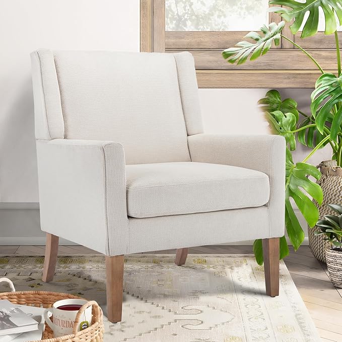 COLAMY Modern Wingback Living Room Chair Set of 2 Upholstered Fabric Accent Armchair Single Sofa Chair with Lounge Seat and Wood Legs for Bedroom/Office/Reading Spaces Beige
