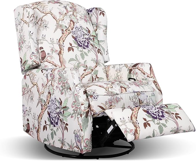 Swivel Rocker Recliner Chair with Patterned Fabric 360° Swivel &amp Gentle Rocking Motion Wingback Reclining Chair for Adults Living Room Accent Rocker Armchair with Push-Back Recline (Print)