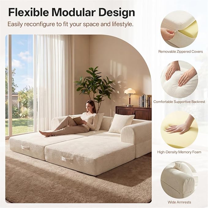 74.8’’ Boneless Modular Convertible Sofa Bed Fold-Out Floor Couch Loveseat All-Foam Futon Mattress Couch Corduroy Sleeper Sofa for Living Room &amp Small Spaces No Assembly Required Beige