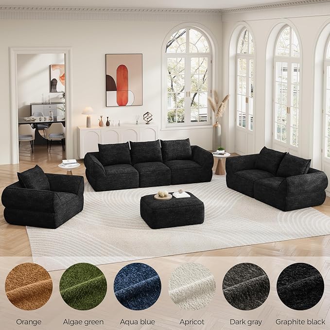 104 Modular Sectional Sofa with Deep Seat L Shaped Cloud Couch for Living Room 3-Seater Boneless Sofa with Movable Ottomans Removable Cover No Assembly Required Graphite Black