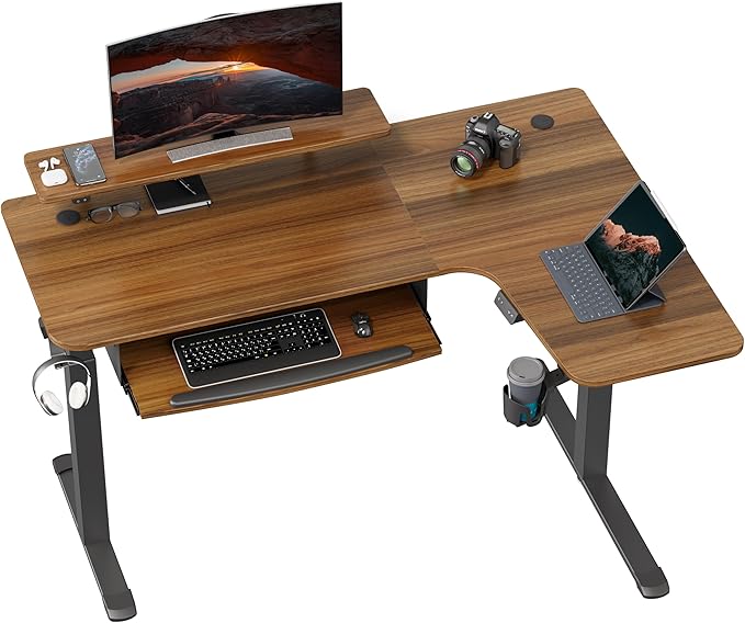 EUREKA ERGONOMIC Standing Desk Electric Adjustable Height (61x43) Computer Desk with Keyboard Tray Sit Stand Desk L Shaped Desk for Work/Home OfficeDual MotorMemory Presets2 USB/RGBWalnut/Right