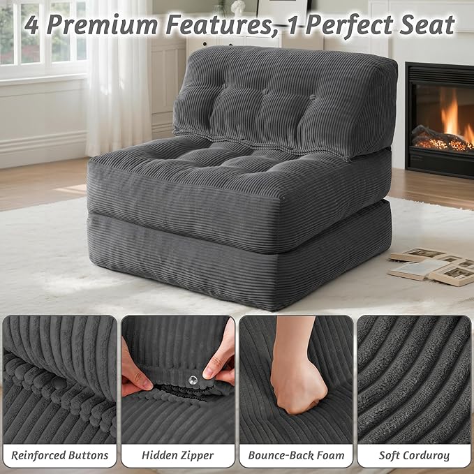 HABUTWAY Folding Sofa Bed Convertible Sleeper Chair Bed with Pillow &amp Handle Foldable Mattress with Back Support Portable Single Couch Comfy Floor Sofa Lounge for Living Room Bedroom(Dark Gray