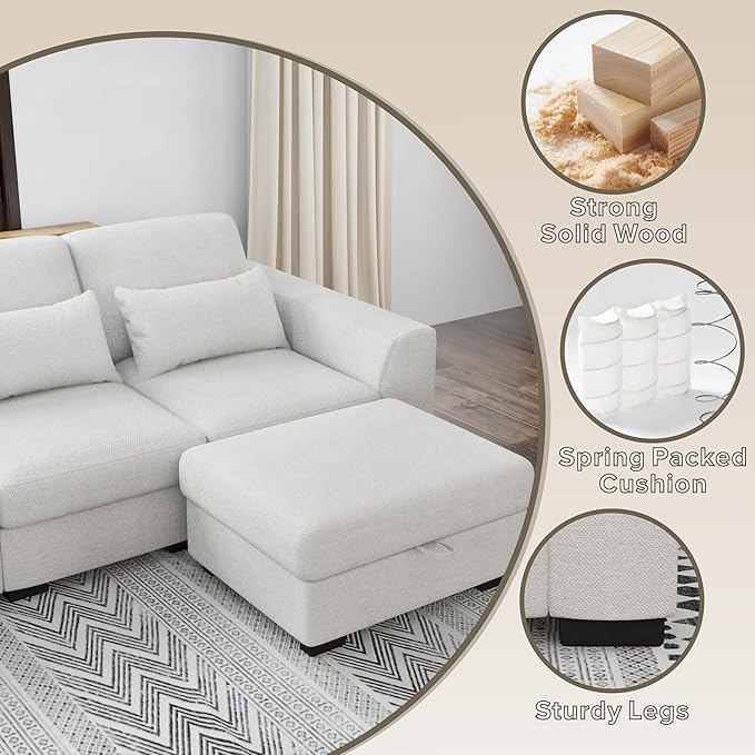 Modular Sectional Sofa - 130 Convertible Sectional Couch with 4 Pillow 4 Seat Oversized Modular Couch with Storage Ottomans L-Shaped Couches for Living Room Apartment Lounge Beige