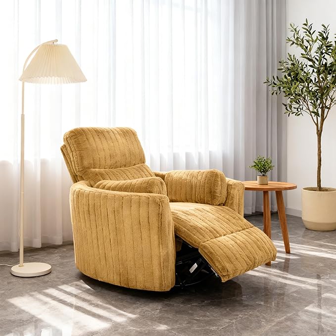 leovanni Power Swivel Rocker Recliner Chair USB Ports Electric Nursing Reclining Chairs Chenille Upholstered Nursery Glider Rocking Chair with 2 Pillows for Bedroom Living Room Yellow