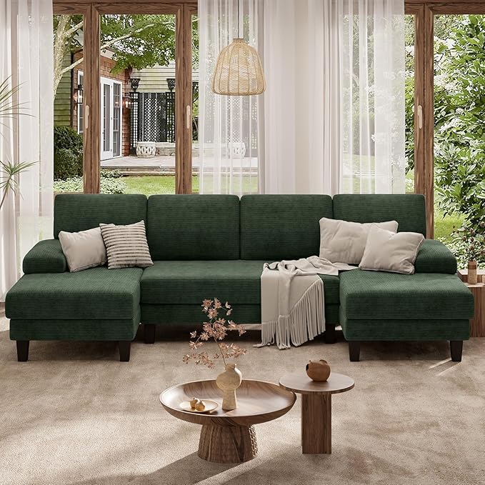 110 U-Shaped Sectional Sofa Couch for Living RoomModern Modular Sofa with Double ChaiseClassic Lounge Couch Sleeper forApartment Green Corduroy