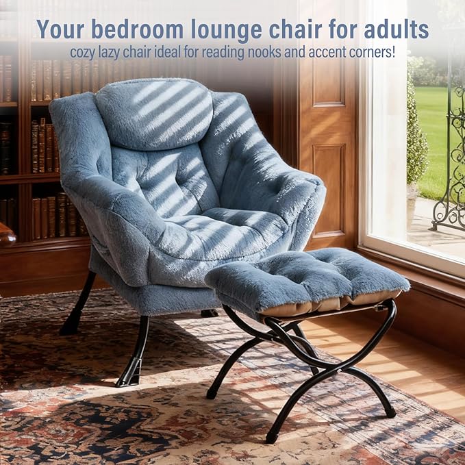 Lazy Chair with Ottoman Modern Accent Chair with Armrests and a Side Pocket Plush Light Blue Accent Chairs Reading Chairs Oversized Armchairs for Bedroom Study Living Room Courtyard