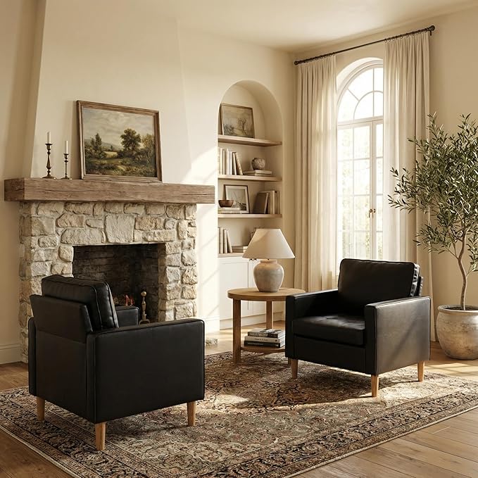 TYBOATLE Accent Chairs Set of 2 Black Leather Chair with Tufted Seat &amp Wood Legs Mid-Century Modern Living Room Chair Upholstered Comfy Reading Chair Armchair for Bedroom Waiting Room Office