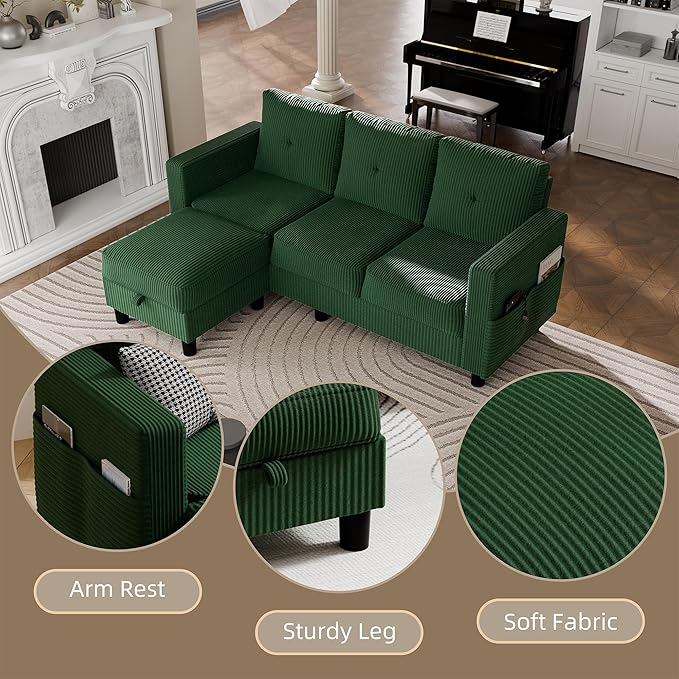 JAMFLY Convertible Sectional Couches for Living Room L-Shaped Couch 3 Seat Sectional Sofa Set with Polyester Fabric and Movable Ottoman Small Couch for Apartments OfficeGreen