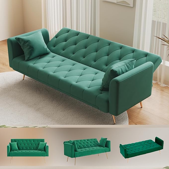 72Modern Velvet Sofa Bed FutonConvertible Folding Sleeper Bed Couches with 3 Adjustable BackrestsTufted Recliner Love Seat with Golden Chrome Legs for Living Room Apartment Office (Green+pillows)