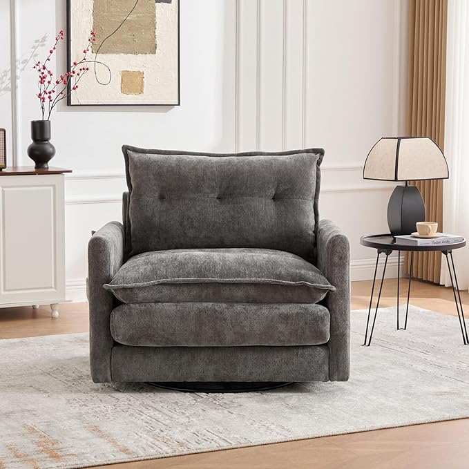 36.2 Oversized Square Swivel Accent Chair 360° Rotating Barrel Armchair Comfy Single Cloud Sofa Chair with Metal Base and Thick Padded for Nursery Bedroom Living Room &amp Offices (Gray)