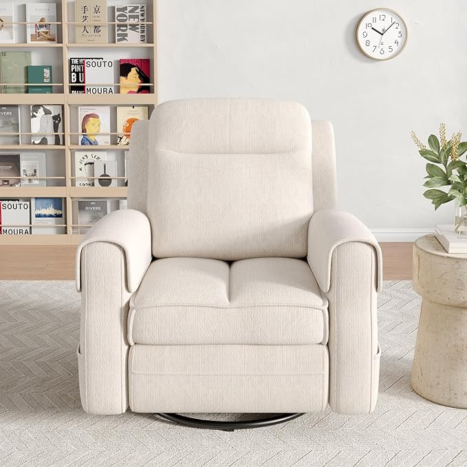 Maupvit Faux Shearling Recliner Chair - 360° Swivel Rocker with Adjustable Footrest and Backrest Plush Upholstered Single Sofa for Small Spaces for Living Room/Nursery/Home Theater (Cream White)