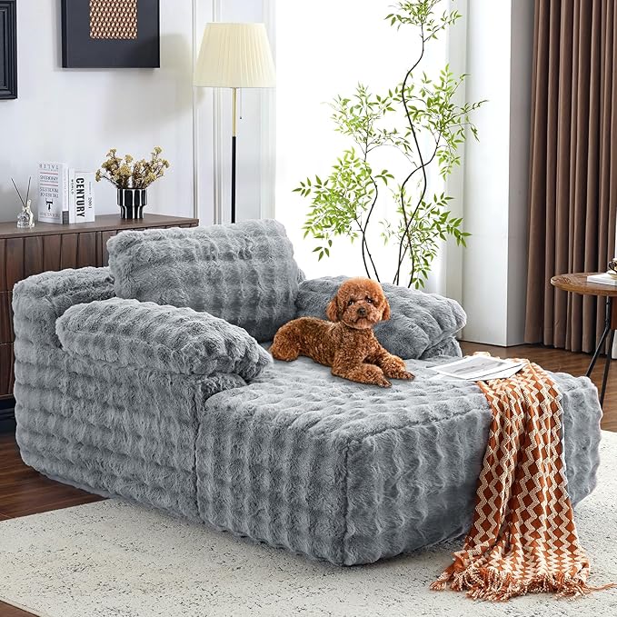 VINGLI 67.7 Oversized Chaise Lounge Chair Indoor Reading Chairs Comfy Bubble Fleece Upholstered Boneless Sofa Bed Sleeper Sofa Cloud Couches for Living Room Bedroom Play Room (Light Grey)