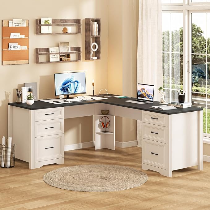 Farmhouse Home Office Desk with 6 Drawers L Shaped Executive Desk with Power Outlets and Triangle Under-Desk Storage Shelf &amp Drawer File Cabinet Corner Computer Desk Black