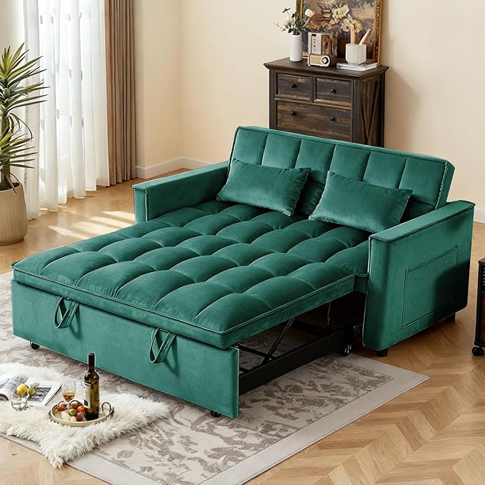 Convertible Sofa Bed Pull Out Couch with Side Pockets 3 in 1 Velvet Fabric Loveseat Sleeper Sofa Bed Pull Out Couch with Adjustable Backrest for Living Room Bedroom Apartment Green