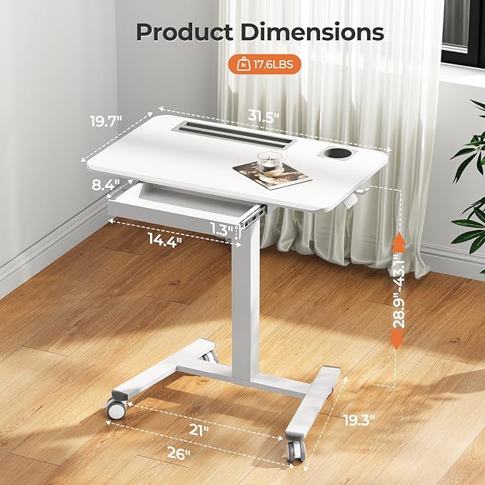 Mobile Standing Desk with Drawer 32 Rolling Desk with Cup Holder and Hooks Portable Laptop Cart on Wheels Height Adjustable Workstation with Storage for Home Office White