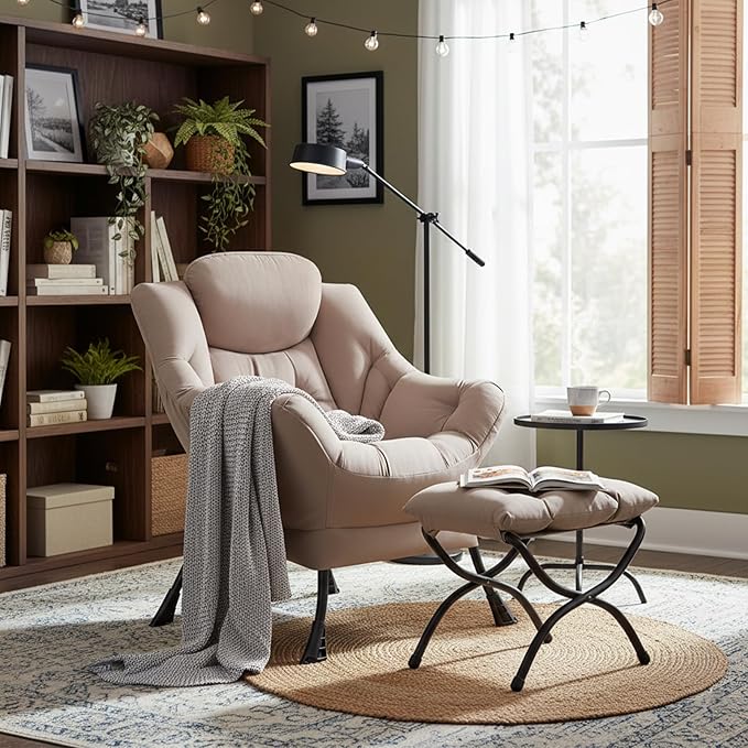 Welnow Lazy Chair with Ottoman Modern Reading Accent Chair with Armrests and a Side Pocket Leisure Upholstered Lazy Sofa Set with Footrest for Small Space Khaki