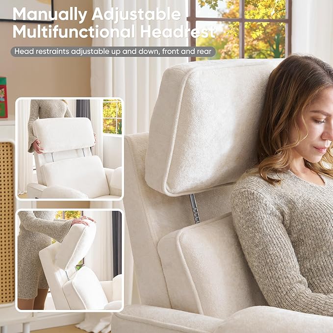 26 Extra Wide Swivel Rocker Recliner Oversized Power Recliner Chair with Adjustable Headrest Chenille Glider Rocking Nursery Chair with USB Ports Overstuffed Armrest Cream