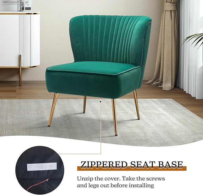 TINA'S HOME Monica Velvet Accent Chair Set of 2 Mid Century Side Chair Comfy Upholstered Living Room Chair with Golden Legs Wingback Armless Slipper Chair for Bedroom Guest Room- Emerald Green