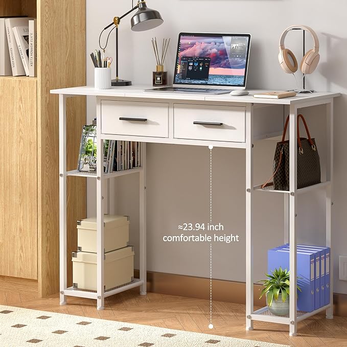 White Computer Desk with Drawers 37.3 Inch Home Office Work Desk with Storage Shelf Kids Teens Study Table for Small Space Small Writing PC Table for Bedroom Makeup Vanity Desk