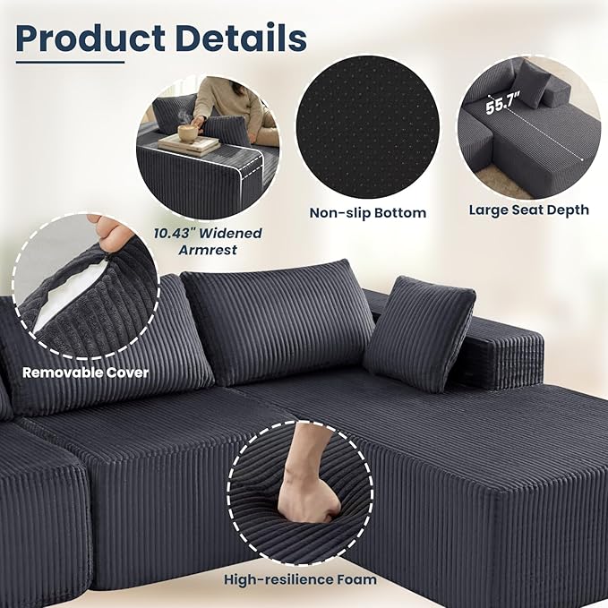 DUMOS 108 Boneless Couch Cloud Sectional Couch with L-Shape Chaise Modular Sectional Sofa with Deep Seat Fluffy Couch for Living Room Bedroom No Assembly Required (Grey Right Facing Chaise)