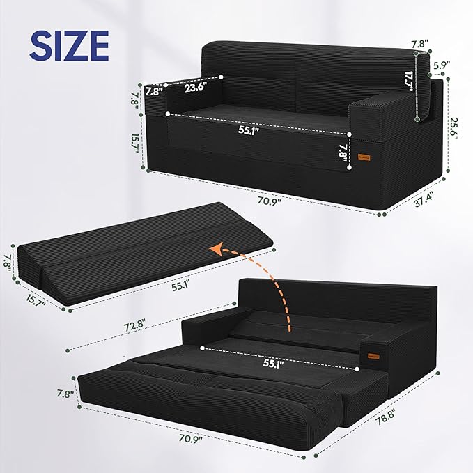 MeMoreCool Boneless Couch Convertible Sofa Bed Queen Corduroy Futon Couch Sleeper Sofa Boneless Loveseat Pull Out Couch Bed Fold Out Floor Sofa for Living Room Bedroom Apartment Black