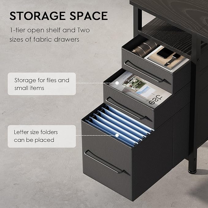 Ｍａｉｈａｉｌ Maihail Small Desk with Drawers 40 inch Computer Desk with Shelves Writing Desk with Storage Small Office Desk with Metal Frame Black