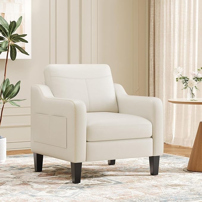 PU Leather Accent Chair Mid-Century Modern Living Room Armchair Sofa with Removable Cushions Solid Wood Frame &amp Stitched Armrest Design Bedroom Chair with Plastic Legs Beige