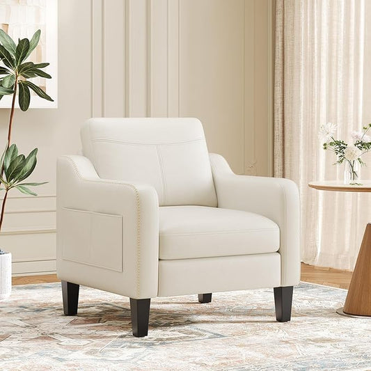 PU Leather Accent Chair Mid-Century Modern Living Room Armchair Sofa with Removable Cushions Solid Wood Frame &amp Stitched Armrest Design Bedroom Chair with Plastic Legs Beige