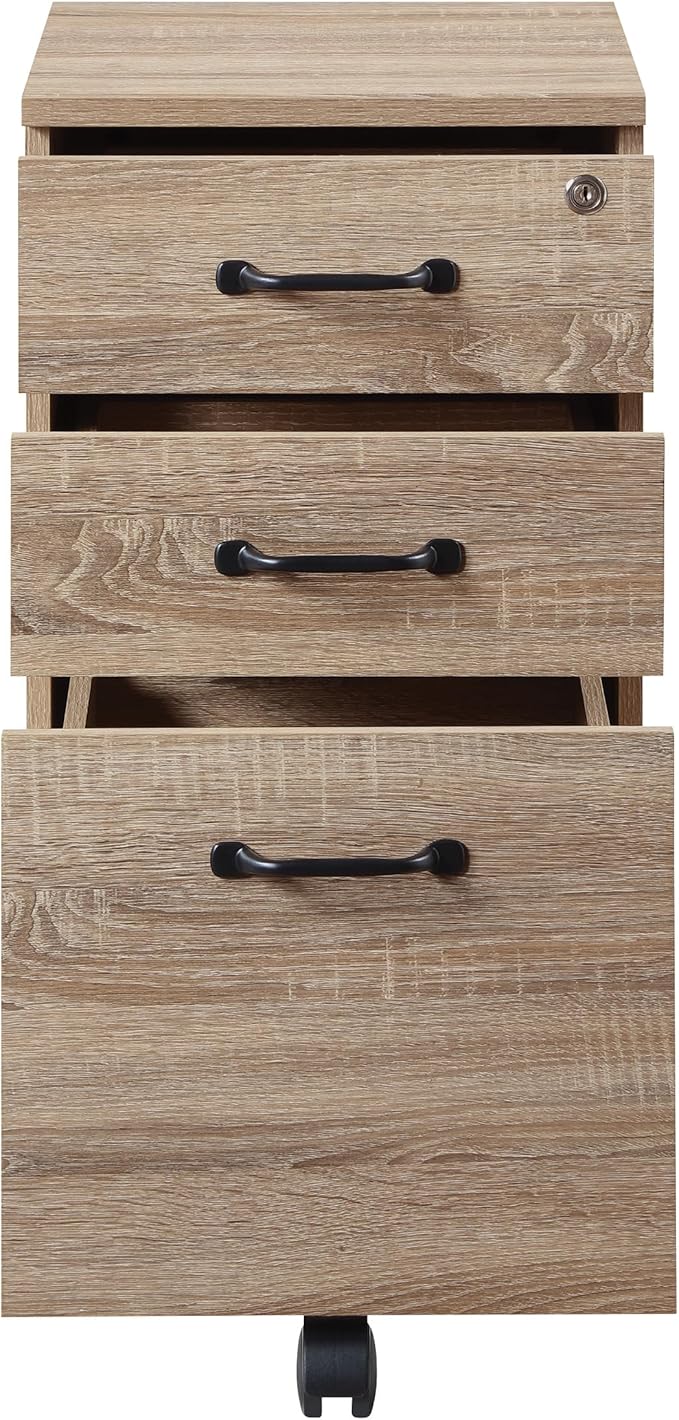 OSP Home Furnishings Ace 3-Drawer Mobile File Cabinet Full Extension Slides Key Lock System Rolling Casters 26.75x19x14 Inches River Oak Wood Finish