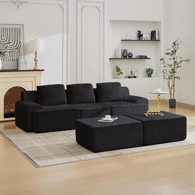 Modular Sectional Sofa with Movable Ottoman 3 Seat Deep Seat Couch with 3 Pillows Comfy Cloud Sectional Sofa for Living Room Bedroom and Apartment (Black 1 Left+1 Right+1 Middle+2 Ottoman)