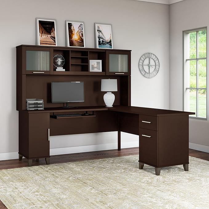 Bush Furniture Somerset L Shaped Desk with Hutch in Maple Cross | Corner Computer Table with Drawers Cabinets and Pullout Keyboard/Laptop Tray for Home Office