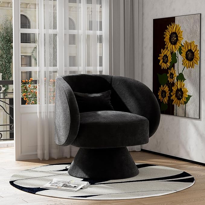 Swivel Barrel Chair Set of 2 Upholstered Swivel Cuddle Accent Chairs for Living Room Comfy 360 Degree Modern Small Round Armchair for Bedroom Office (Black Linen)