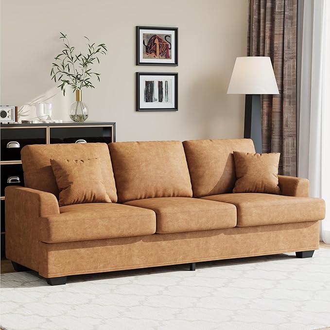 IDEALHOUSE Modern 86 Leather Sofa with 2 Throw Pillows Deep Seat Couch with Upholstered Cushion &amp Removable CoverComfy Faux Leather Sofa Couch for Small Space Apartment Lounge Brown