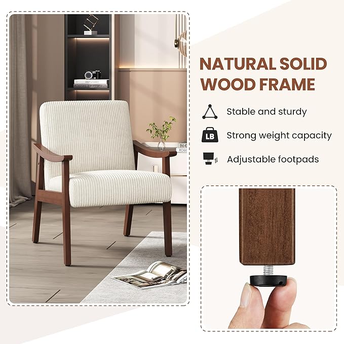 Yaheetech Corduroy Accent Chair Mid-Century Modern Armchair with Solid Wood Legs Reading Leisure Chair with High Back for Living Room Bedroom Waiting Room Beige