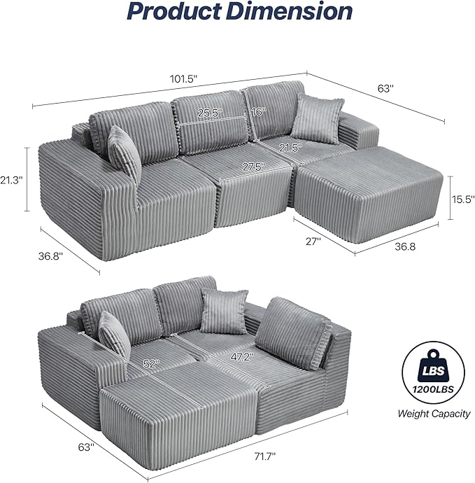101.5'' Modular Sectional Sofa Cloud Sectional Couch with Deep Seat Comfy Fluffy L Shaped Couches Memory Foam Sofa with 1 Ottoman Corduroy Boneless Couch No Assembly Required Light Gray