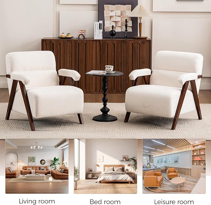 Accent Chair Mid Century Modern Living Room Chairs with Thick Cushion Comfy Upholstered Armchair Cozy Small Side Chairs for Reading Room Bedroom Ivory