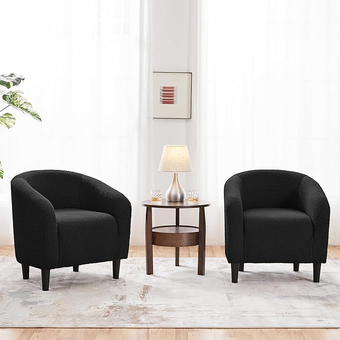 Topeakmart Barrel Chair Soft Sherpa Accent Chair Side Chair Club Chair Modern Style Deep Seating Barrel Armchair for Living Room Furniture Reading Room Bedroom Set of 2 Black