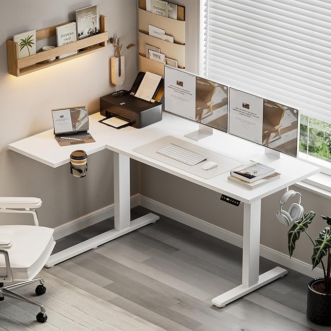 Muvai L Shaped Standing Desk with Cable Management Tray 59 Inch Height Adjustable Electric Standing Corner Desk Sit Stand Up Work Table for Home Office Gaming with Reversible Splice Board White