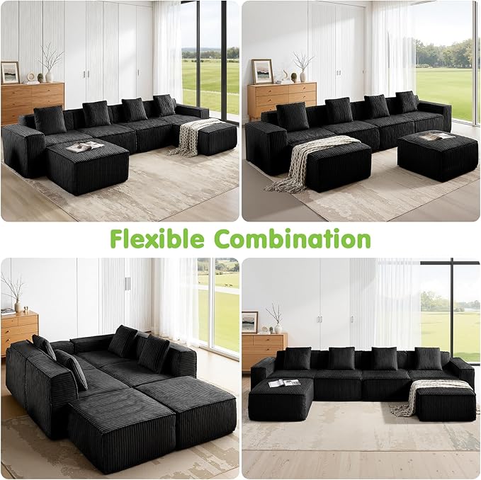 149.6'' Boneless Couch Cloud Couch Sectional U-Shape Modular Sectional Sofa Convertible Corduroy Sleeper Sofa Bed Upholstered Couches for Living Room No Assembly Required