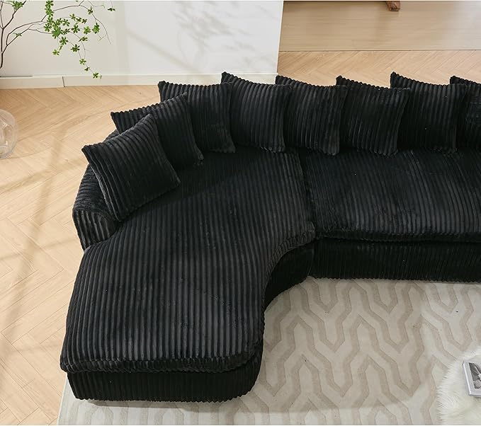 WILLIAMSPACE 127 Oversize Curved Sectional Sofa Foam Couch for Living Room Modern Upholstered Floor Foam Sofa L-Shape Curved Couch 5 Seater Sofas with 10 Cushions Corduroy Left-Facing Black