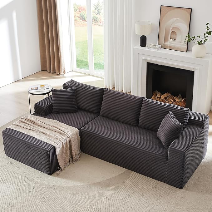 103 L-Shape Cloud Couch with Chaise Upholstered Corduroy Modular Sectional Sofa Deep Seat Couch with Free Combination for Living Room &amp ApartmentNo Assembly Required(Dark GreyLeft Facing Chai